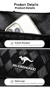 Detail view of the quilted black leather bag with front smartphone pocket and silver logo