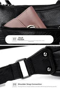 Detail of back zipper pocket and reinforced shoulder strap on black pebble leather bag