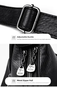 Close-up of litchi grain leather texture and metallic kangaroo logo zipper pullers