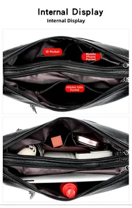 Internal layout of black faux leather crossbody bag showing multiple zip pockets