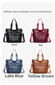 Multiple views of large capacity soft leather tote bags in black red blue and tan colors