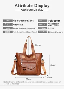 Macro shot of brown pebble grain PU leather tote bag with zip closure and adjustable strap