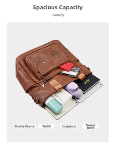 Detail showing the large capacity of the brown PU leather tote with various daily essentials