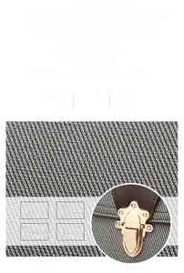 Close-up of grey twill woven fabric with gold metal lock and brown leather trim details