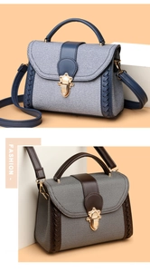 Detail view of vintage flap handbags in blue and brown with woven leather trim