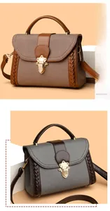 Close-up of retro shoulder bag details with metal buckle, woven edges, and leather trim