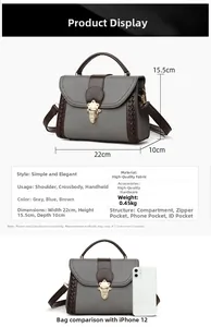 Detailed size specifications of gray texture handbag with brown leather trim and dimensions