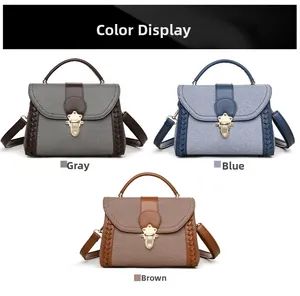 Three-color display of large shoulder bags in grey, blue, and brown with woven side details
