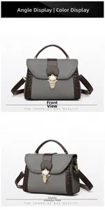 Detail view of contrast stitching and vintage gold clasp on grey and brown tote bag