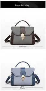 Detail view of denim and leather patchwork handbags with woven sides and gold locks
