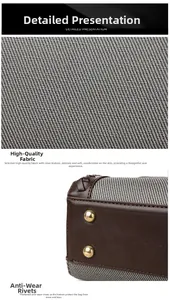 Close-up of canvas texture and brown leather bottom with golden protective metal studs