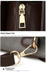 Close-up of golden hardware zipper and strap buckle on brown leather handbag detail