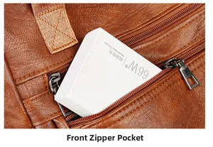 Detailed close-up of the front zipper pocket on a brown leather tote showing storage capacity