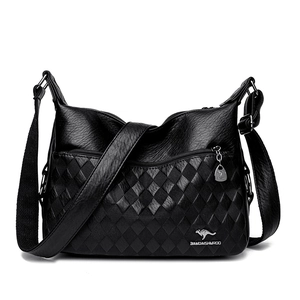 Chic black faux leather shoulder bag with woven texture and adjustable strap for women