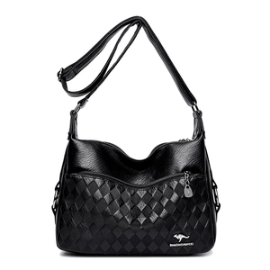Classic black faux leather shoulder bag with textured weave and multiple zipper compartments