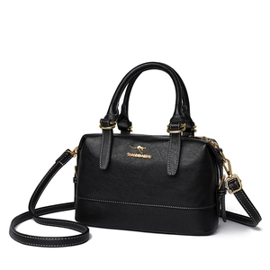 Classic black Boston handbag in textured leather with golden accents and adjustable strap