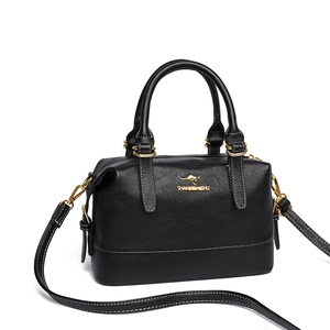 Classic black Boston handbag in pebbled leather with gold kangaroo logo and strap