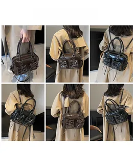 Multi-angle view of vintage square handbag featuring decorative bows and dual front pockets