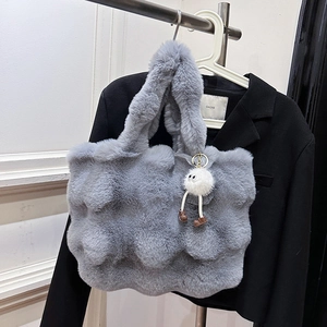Women Plush Tote Bag Faux Fur Large Capacity Soft Fluffy Shoulder Handbag Autumn Winter Cute Monster Pendant Sweet Style