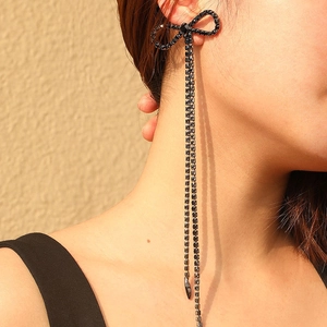 Boucles D Oreilles Longues À Pampilles Et Nœud En Strass Noir Alliage Étincelantes Pendantes Pour Femmes Soirée