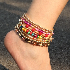 Tobilleras de Estrella de Mar de Playa Bohemias para Mujer Oro Capas Múltiples Cuentas Concha Madera Aleación Diamante de Imitación Joyería de Pie Accesorio