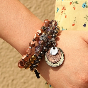 Bohemian Multilayer Beaded Bracelet Glass Alloy CCB Rhinestone Elastic Vintage Coin Pendant Retro Geometric Jewelry