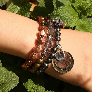 Vintage multi-layer crystal bead bracelet set with purple and bronze geometric accents