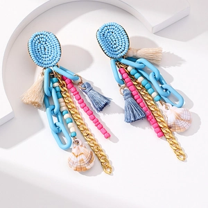 Boucles D'oreilles Bohèmes À Franges Avec Perles De Rocaille Chaîne Acrylique Fil De Coton Coquillage Tige En Acier Vacances D'été