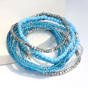 Bohemian ocean style multilayer beaded bracelet set with blue and silver glass beads