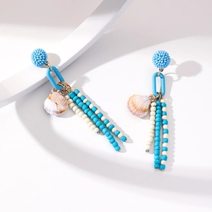Handmade beaded tassel earrings with blue shells for beach and summer vacations