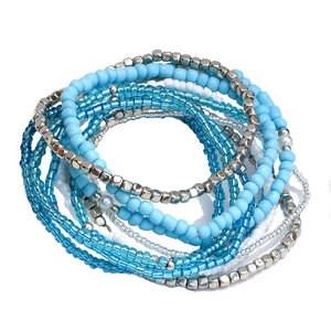 Bohemian multilayer beaded bracelet set with blue resin beads and silver accents