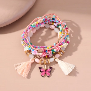 Braccialetto Bohemien in Perline di Vetro Tessuto a Mano per Donna Ciondolo Farfalla Rosa Nappa Gioielli Multistrato Accessorio Moda Quotidiano