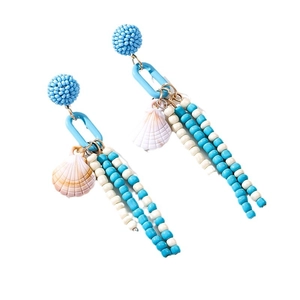 Blue and white beaded tassel earrings with shell charms for summer beach fashion jewelry