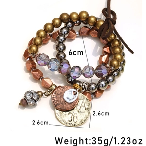 Bohemian multi-layer crystal beaded bracelet set with vintage pendants and charms