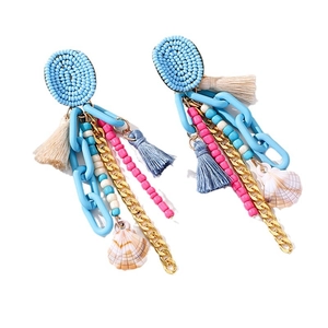 Boucles d'oreilles bohèmes avec perles turquoise, chaînes dorées et coquillages