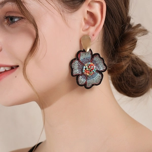 Handmade embroidered floral earrings with red and blue beads for women fashion