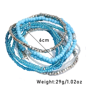 Bohemian multilayer seed bead bracelet set with ocean blue and white elastic strands