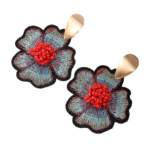 Handmade flower earrings with blue green embroidery and red seed beads on gold teardrop base