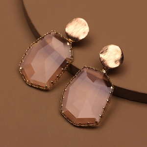 Large Octagon Faceted Glass Crystal Drop Earrings Brushed Alloy Round Stud Stainless Steel Earring Post Geometric Jewelry
