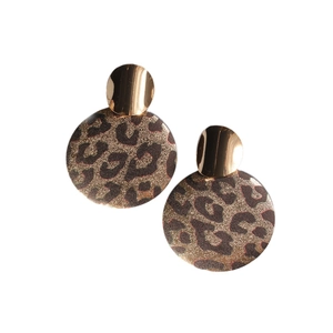 Fashionable leopard print drop earrings with gold geometric metal discs for women