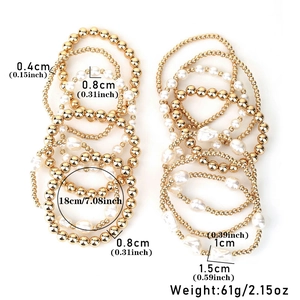 Detailed view of 13-piece layered bead bracelets with faux pearls and gold beads size specs