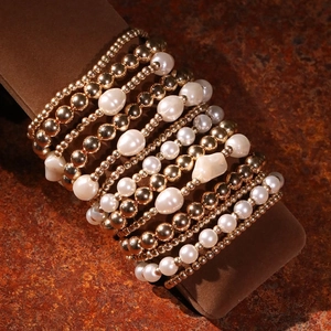 13-piece minimalist layered bead bracelet set with faux pearls and gold round beads