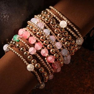 Multilayer bohemian beaded bracelet set with gold metal beads and colorful gemstones