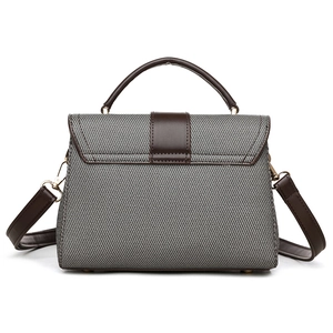 Minimalist grey canvas and brown leather shoulder bag with gold hardware for women