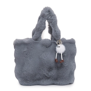 Furry grey tote bag with fluffy monster charm and large capacity for autumn/winter style
