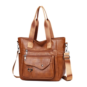 Brown large capacity PU leather tote bag with multi-zipper pockets and shoulder strap