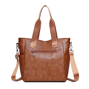 Retro brown PU leather tote bag with large capacity and adjustable fabric shoulder strap