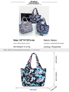 Dettaglio delle borse tote in nylon stampato con tasche laterali e misure precise