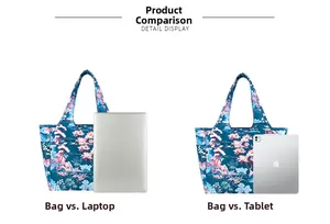 Confronto dimensioni della borsa tote floreale in oxford con laptop e tablet digitale
