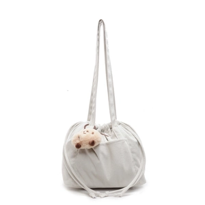 Large capacity corduroy shoulder bag in off-white with cute plush bear charm